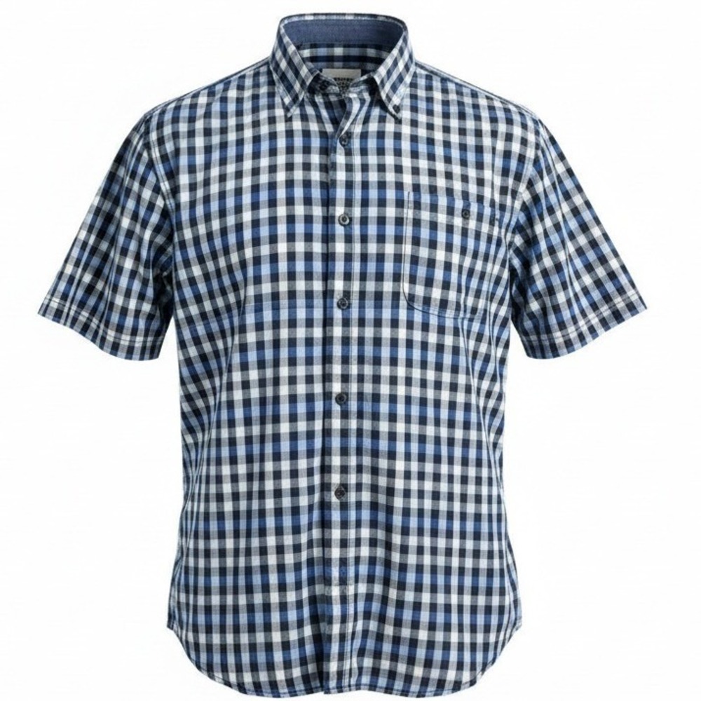 Horst Button‎ Down Shirt Men XXL Blue Gingham Check Short Sleeve Cotton Pocket